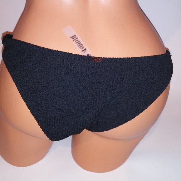 Victoria Secret PINK Swim Bikini Large Top & Bottom Black Ribbed Triangle String - Picture 10 of 11